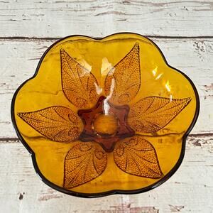 Vintage Amber Glass Bowl with Leaf Detailing